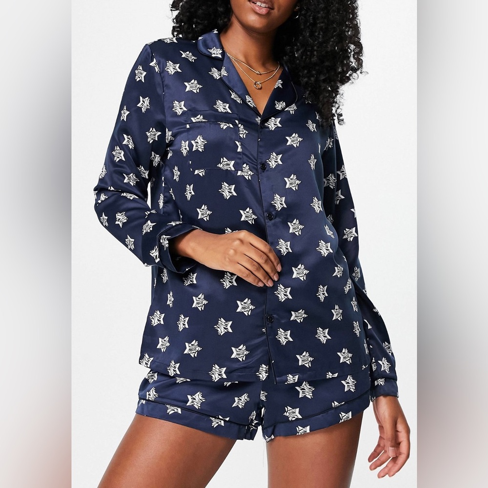 ASOS Satin shorts pajama set in navy zebra star print